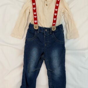 Cream Ribbed onesie w/ Red Heart Suspenders & Blue Jeans Valentine outfit (18m)